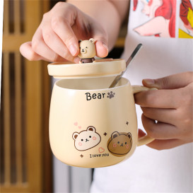 陶瓷可爱马克杯家用带盖勺咖啡杯情侣杯女办公室奶fufu早餐杯