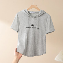 连帽短袖t恤女夏季高级感时尚日系甜美风合身显瘦微弹上衣女