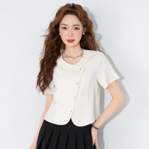 杏色圆领短袖衬衫女夏季法式洋气不规则衬衣宽松开衫上衣