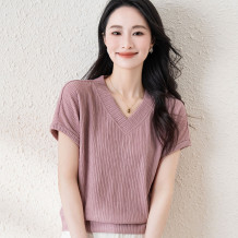 时尚高级感女士坑条肌理感短袖T恤简约纯色舒适日常百搭短袖上衣