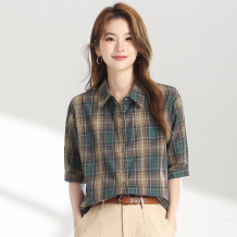 夏款格子衬衫女士五分袖小个子显瘦宽松上衣百搭款减龄中袖衬衣女