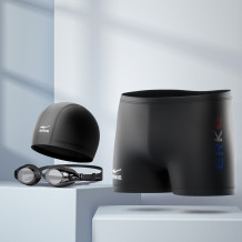 泳裤男士游泳三件套高清平光泳镜舒适布泳帽高弹平角短裤游泳裤男