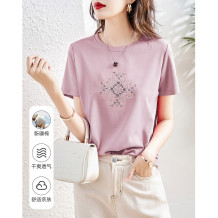 【绣花棉质女式t恤】春秋款圆领微弹几何对称短袖t恤女