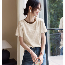 【简约百搭撞色边肌理感T恤】显瘦撞色木耳边T恤女