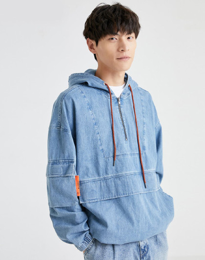 春男休闲百搭撞色抽绳连帽牛仔长袖外套男220357004