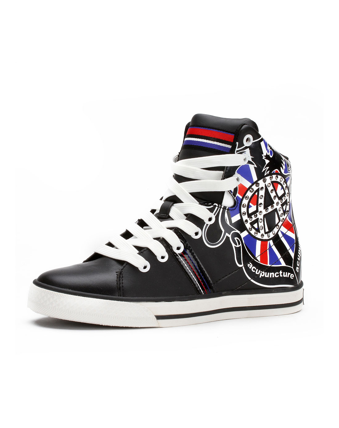 acupuncture英伦风黑色印花图案绑带高帮休闲鞋