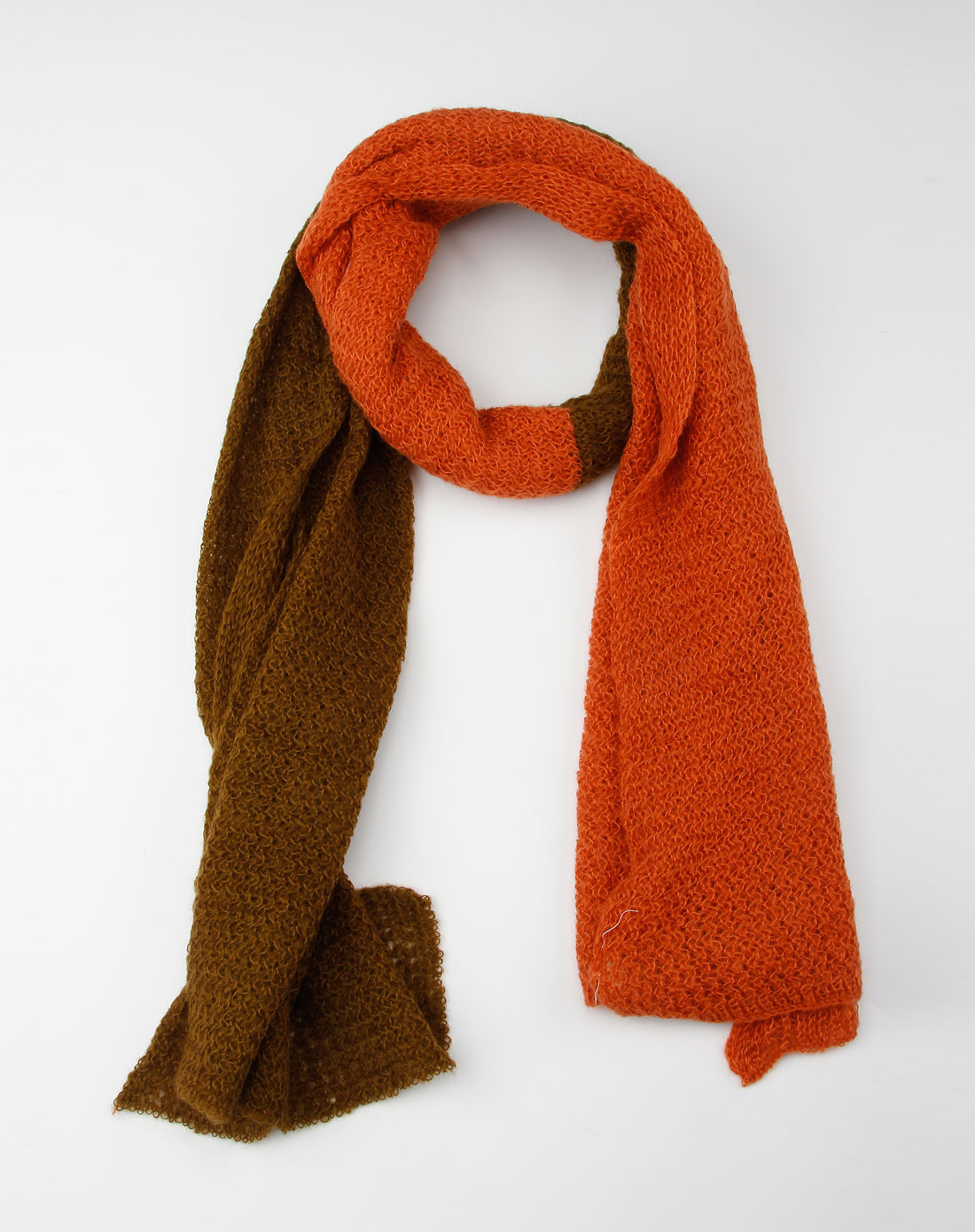 橙墨绿色拼色曲线围巾