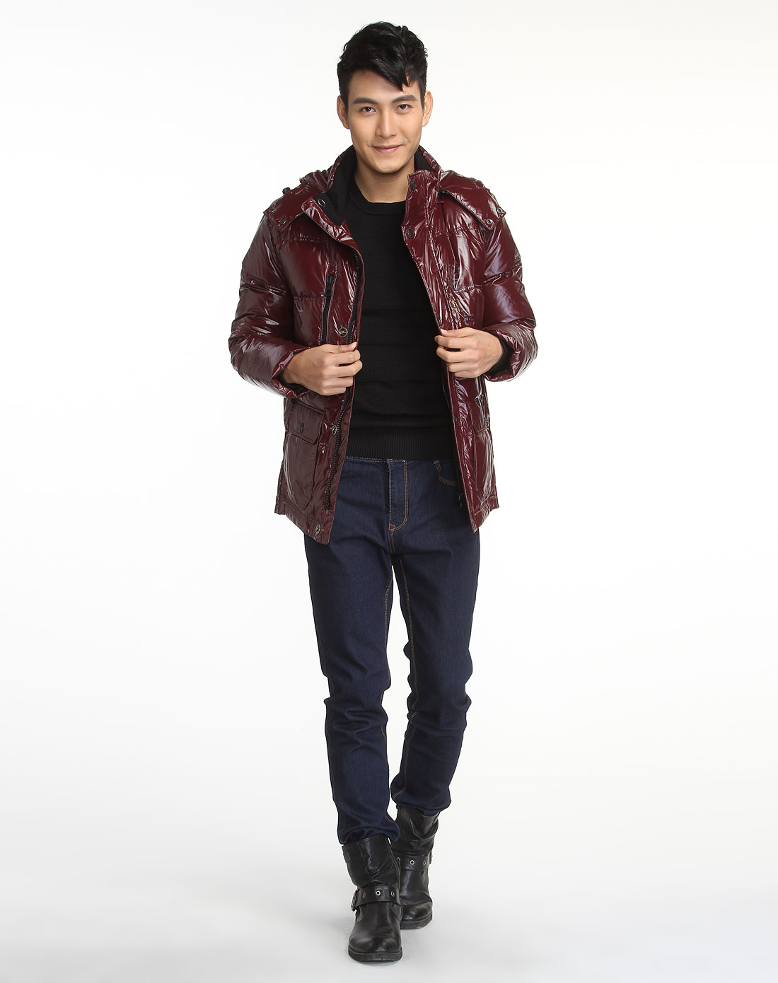 bosideng男款时尚炫棕色亮面个性翻领羽绒服