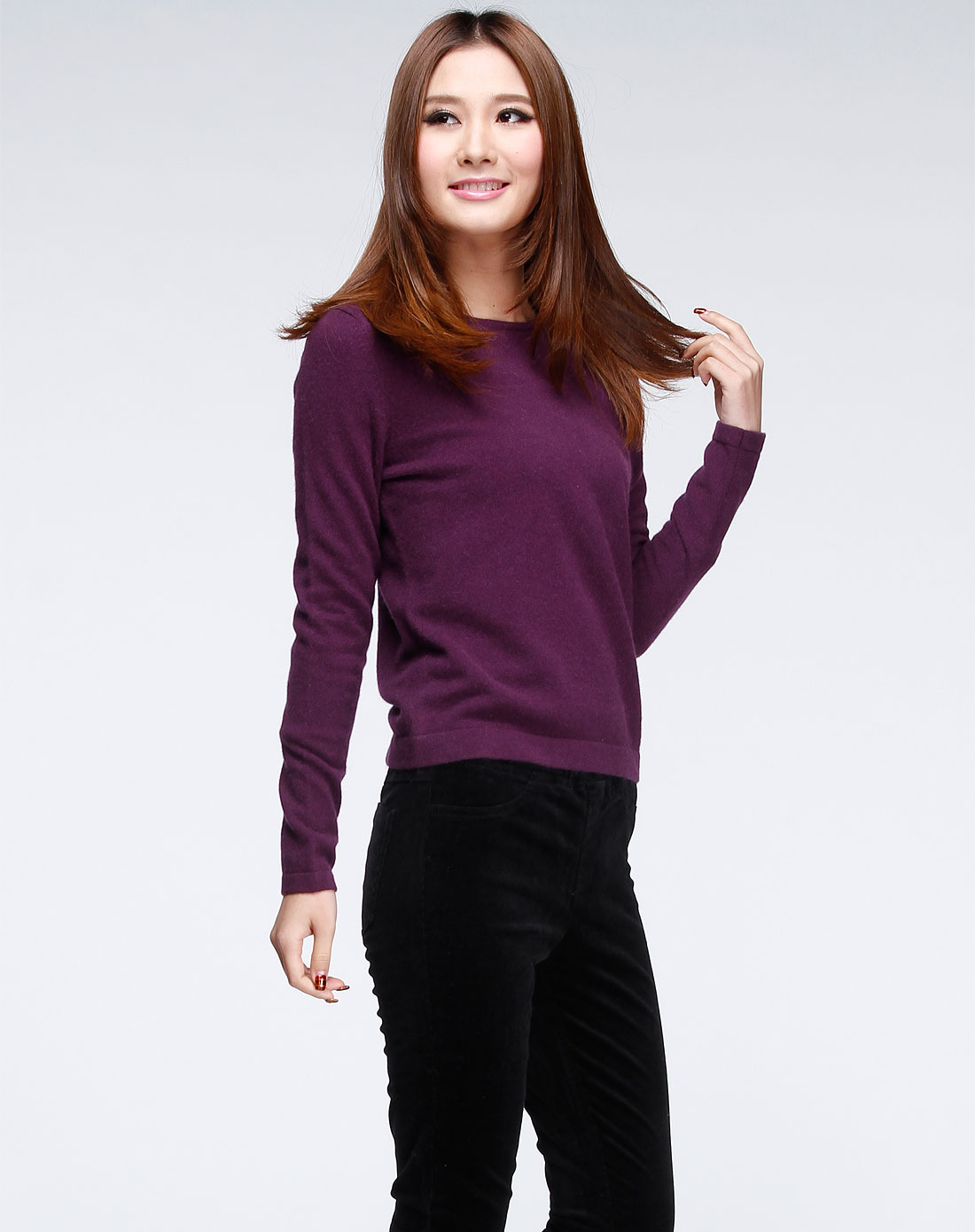 女款深紫色圆领100山羊绒长袖套衫