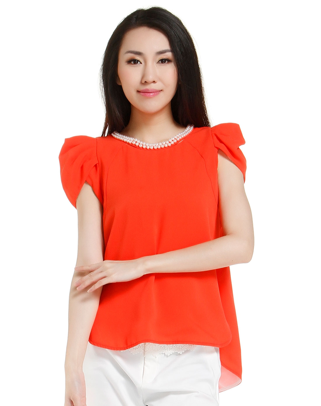 韩版优雅珍珠领桔红色短袖上衣