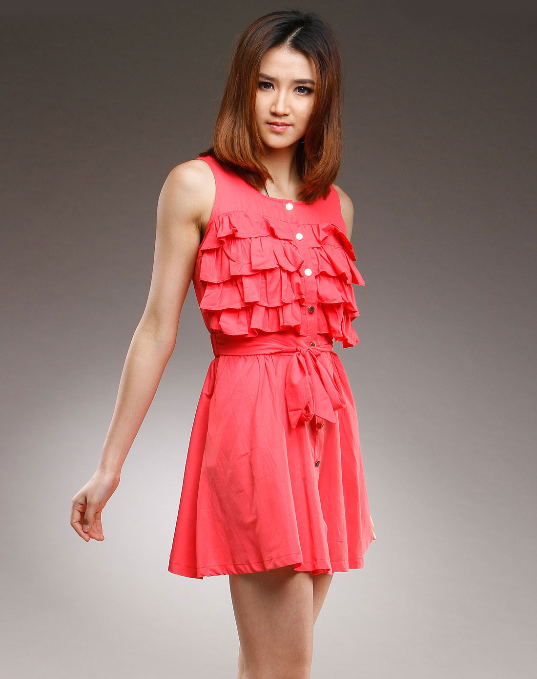 西瓜红色背心连衣裙