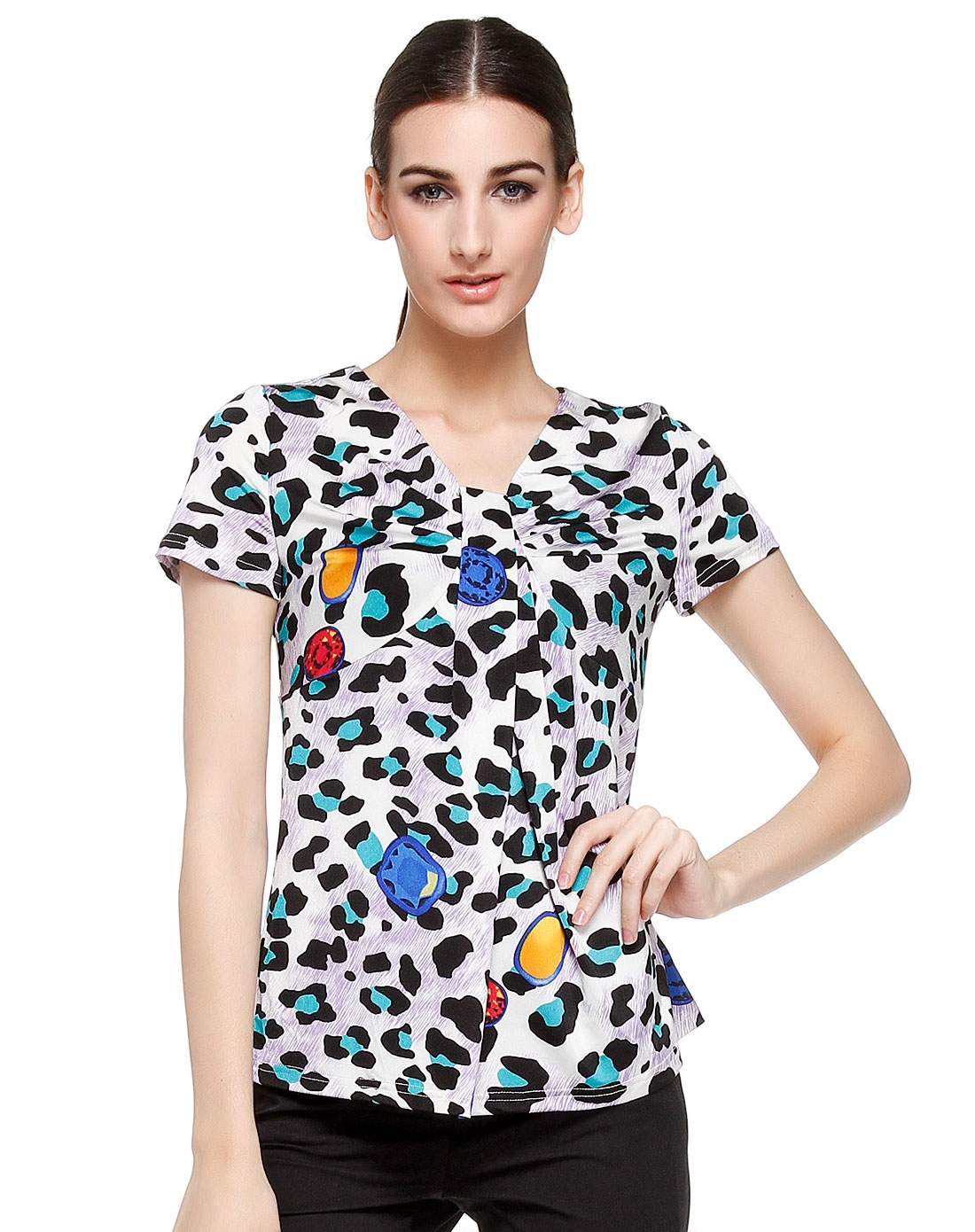 瑟俪sierlicollection时尚斑点多色短袖针织上衣