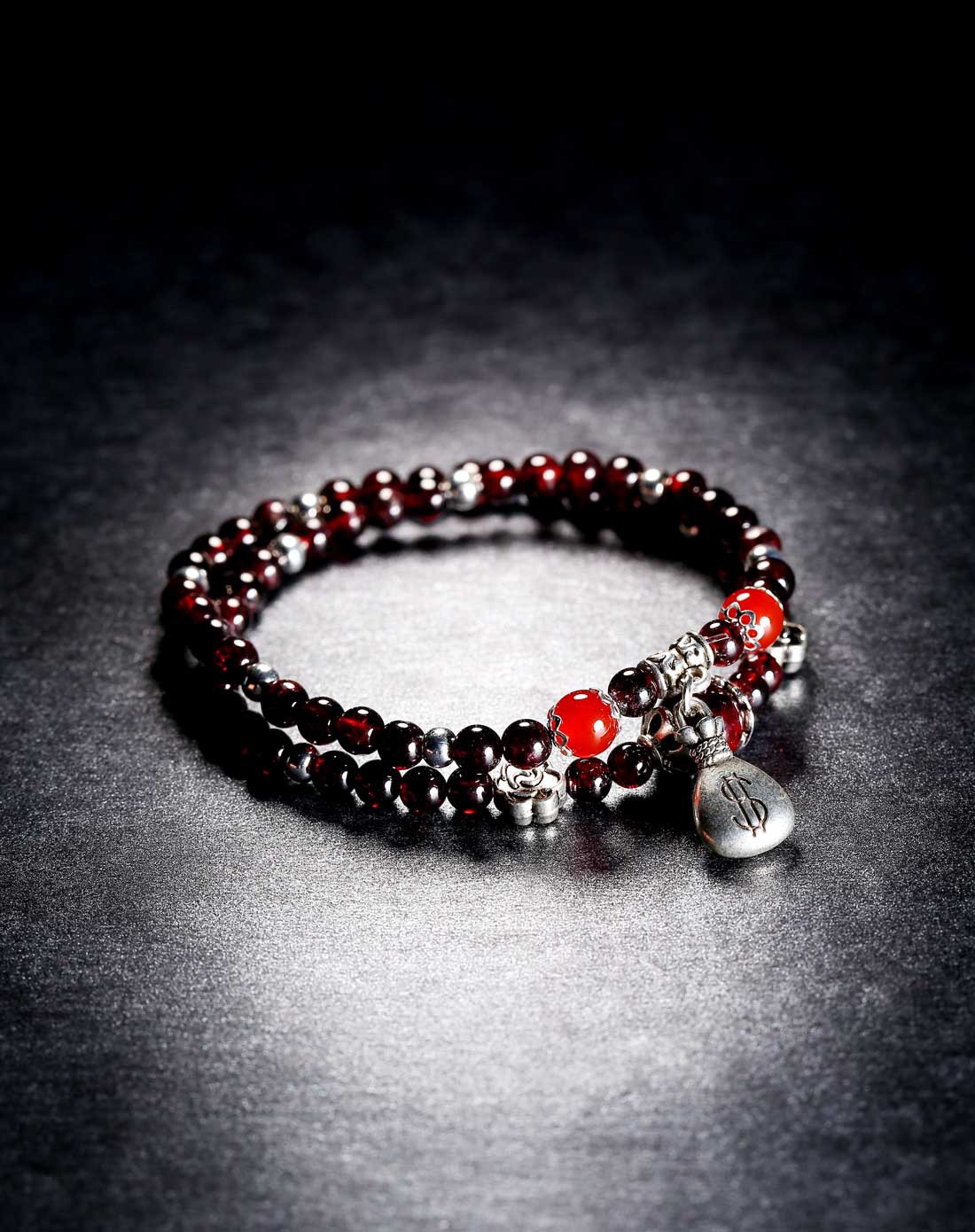 石榴石隔银珠手链双层