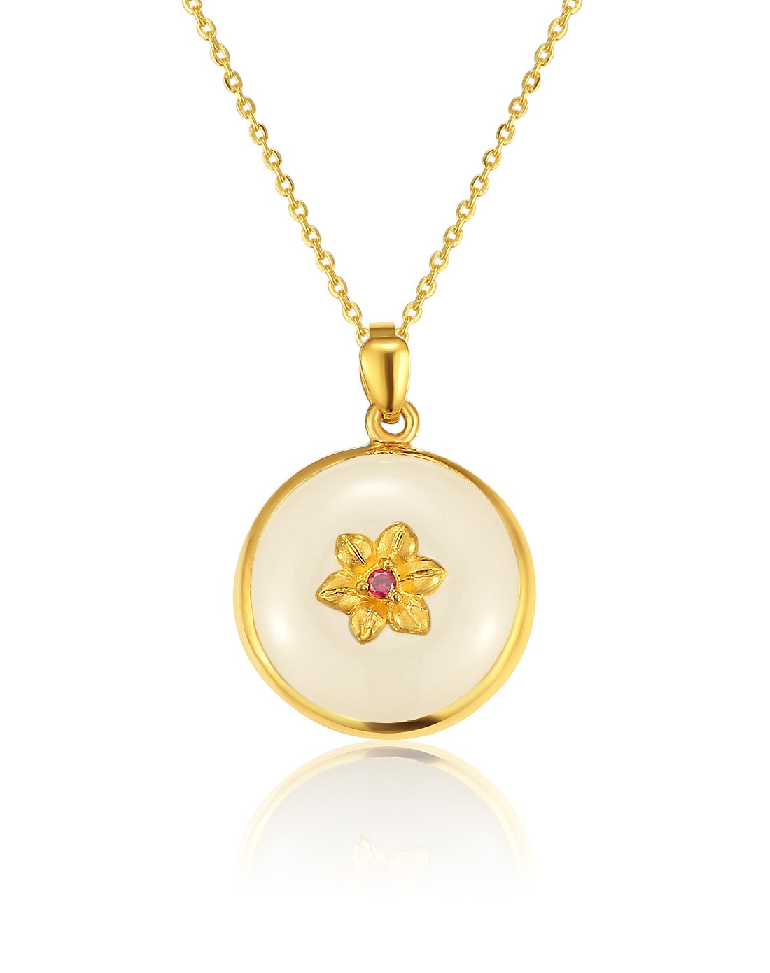 足金和田玉吊坠金镶玉花