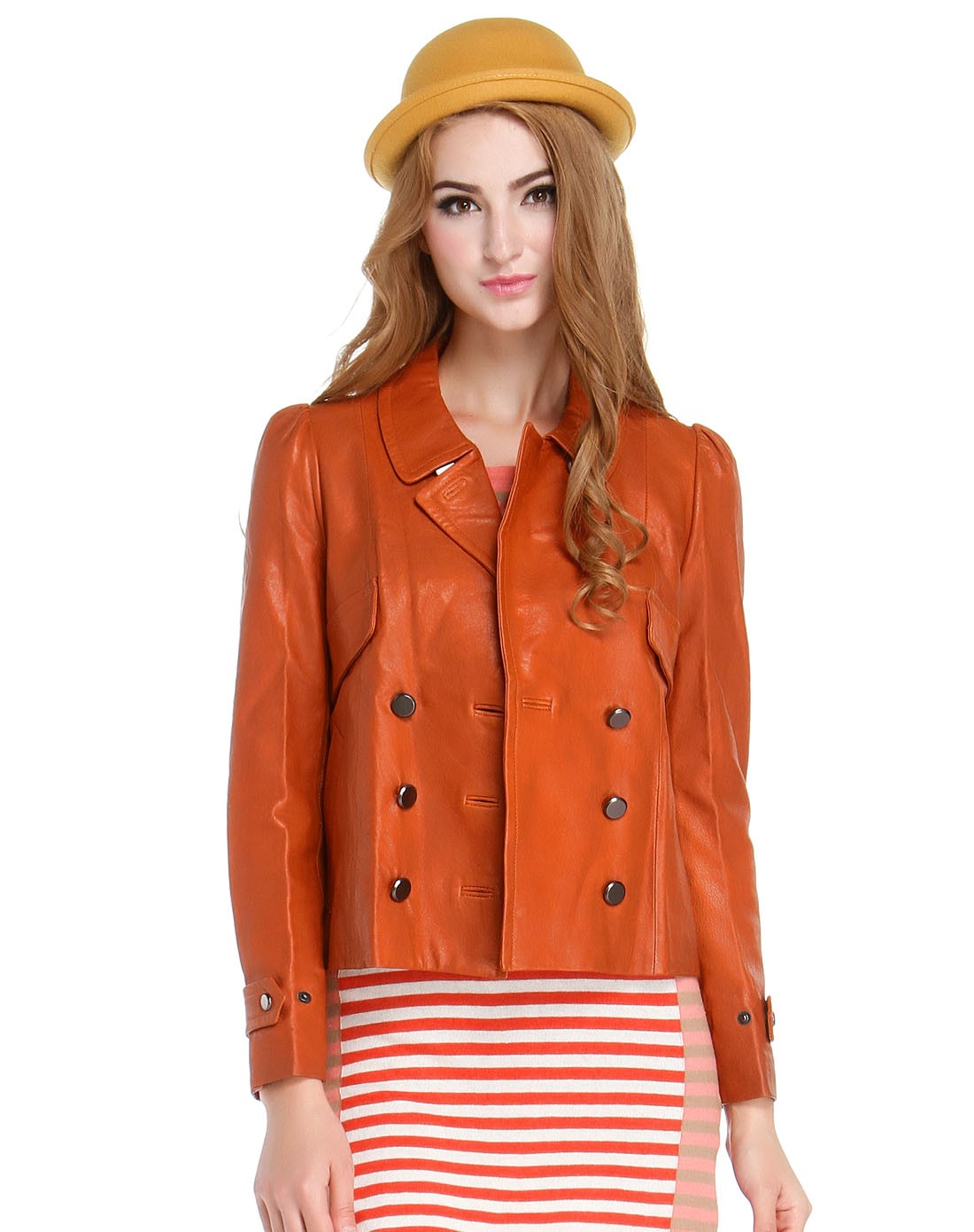 橙色百搭时尚长袖皮衣
