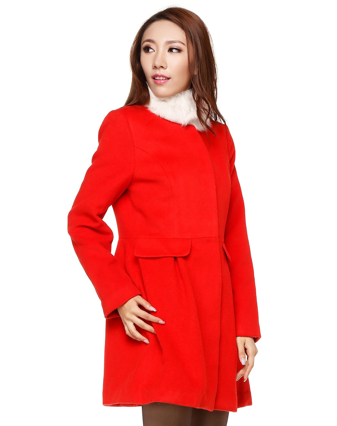 亮橘红色毛领优雅长袖大衣