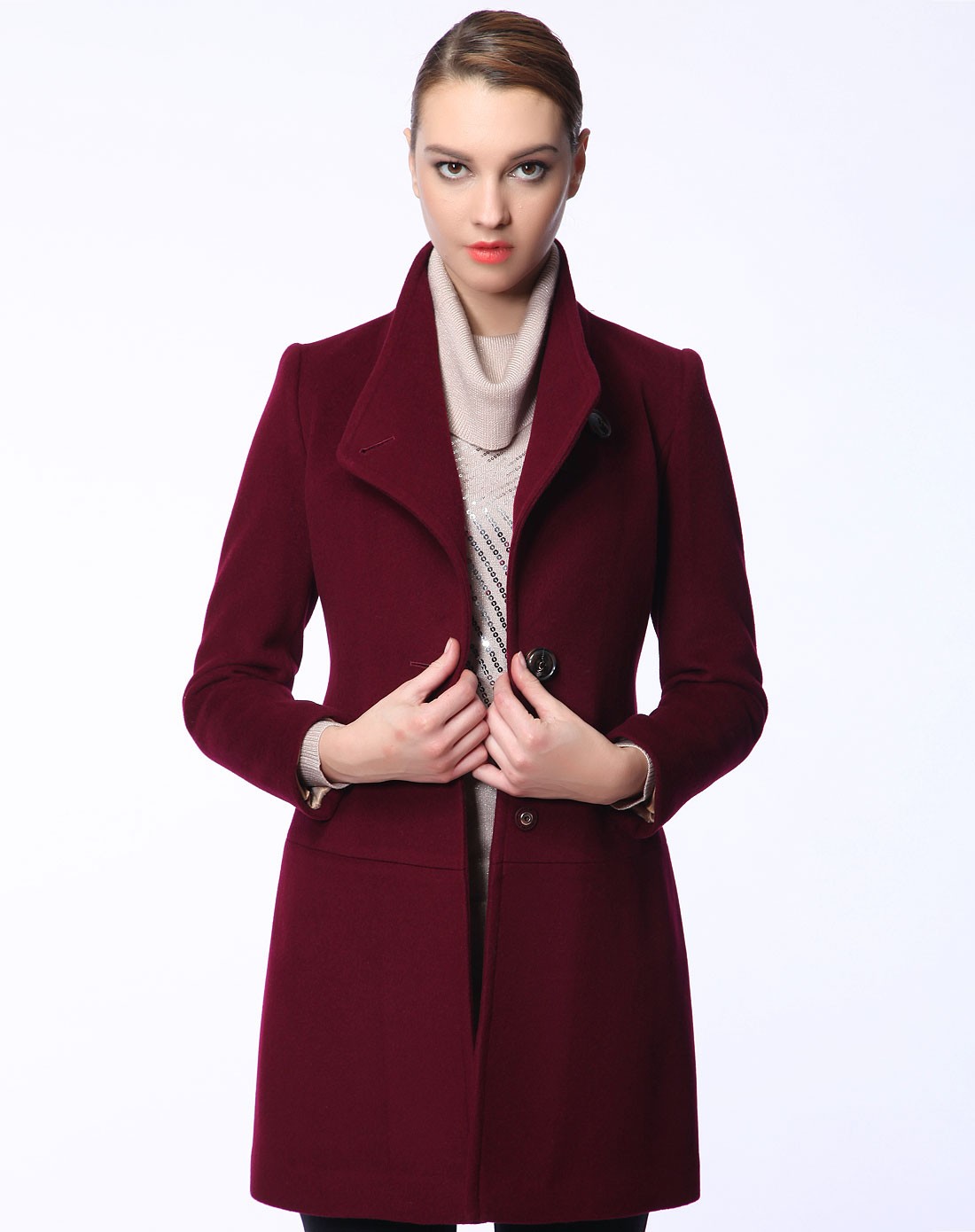 女酱红时尚韩版宽松翻领全羊毛大衣