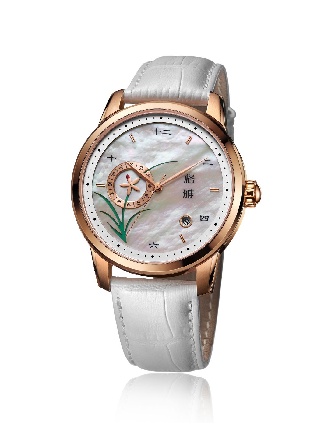geya中国风梅兰竹菊系列机械真皮男表
