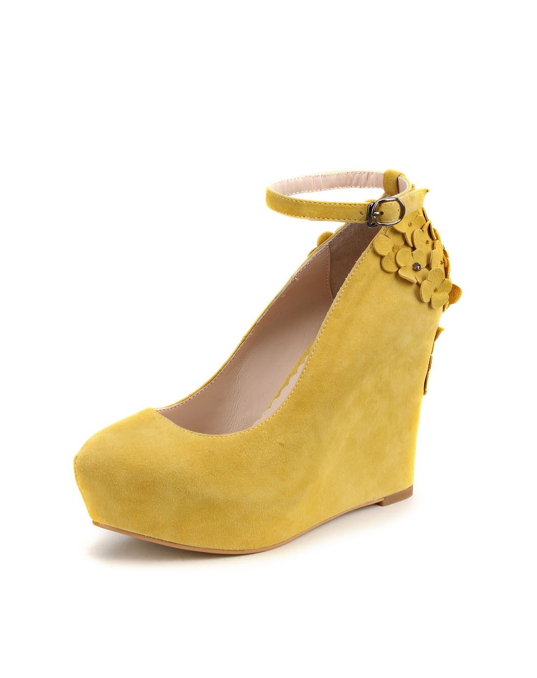 黄色复古钉花绒面坡跟鞋