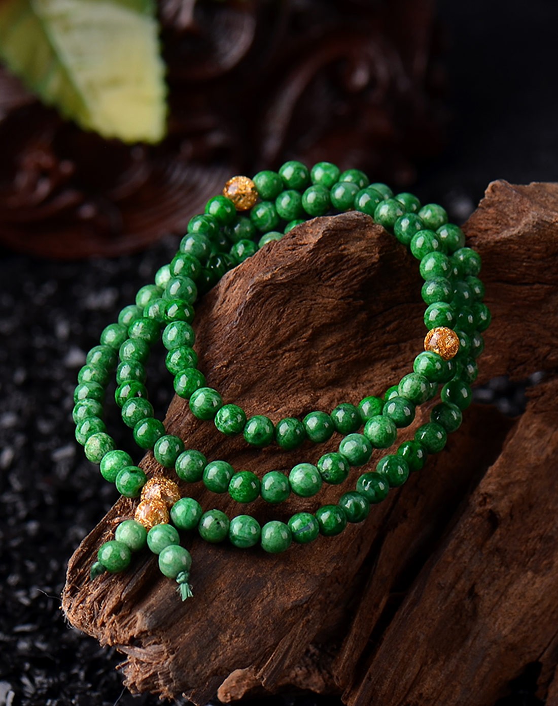 浓绿色铁龙生干青翡翠108佛珠手链金箔5mm