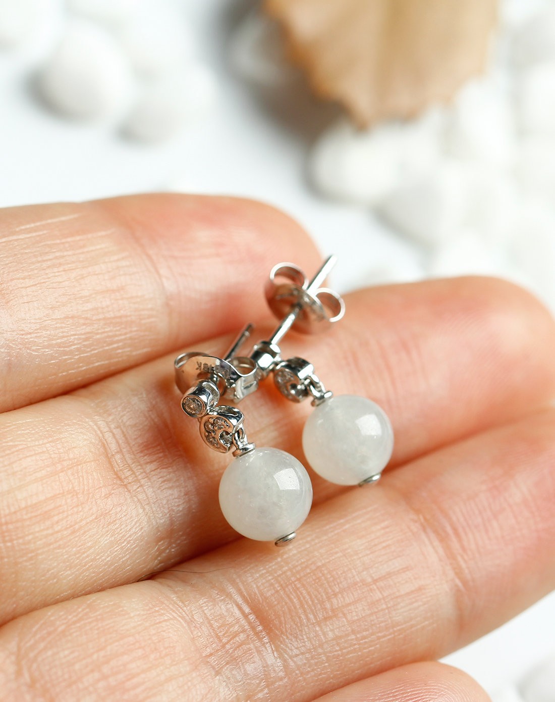 天然翡翠18k金镶嵌珠耳环