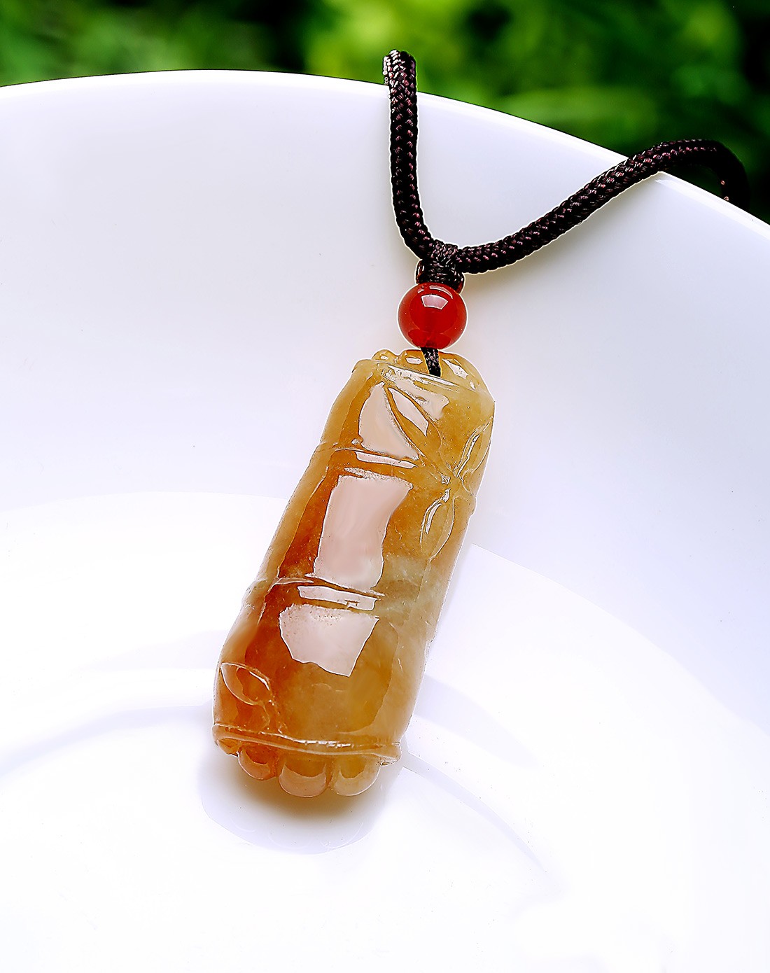 精雕超细腻冰种满黄色黄翡竹节 节节高升竹报平安吊坠