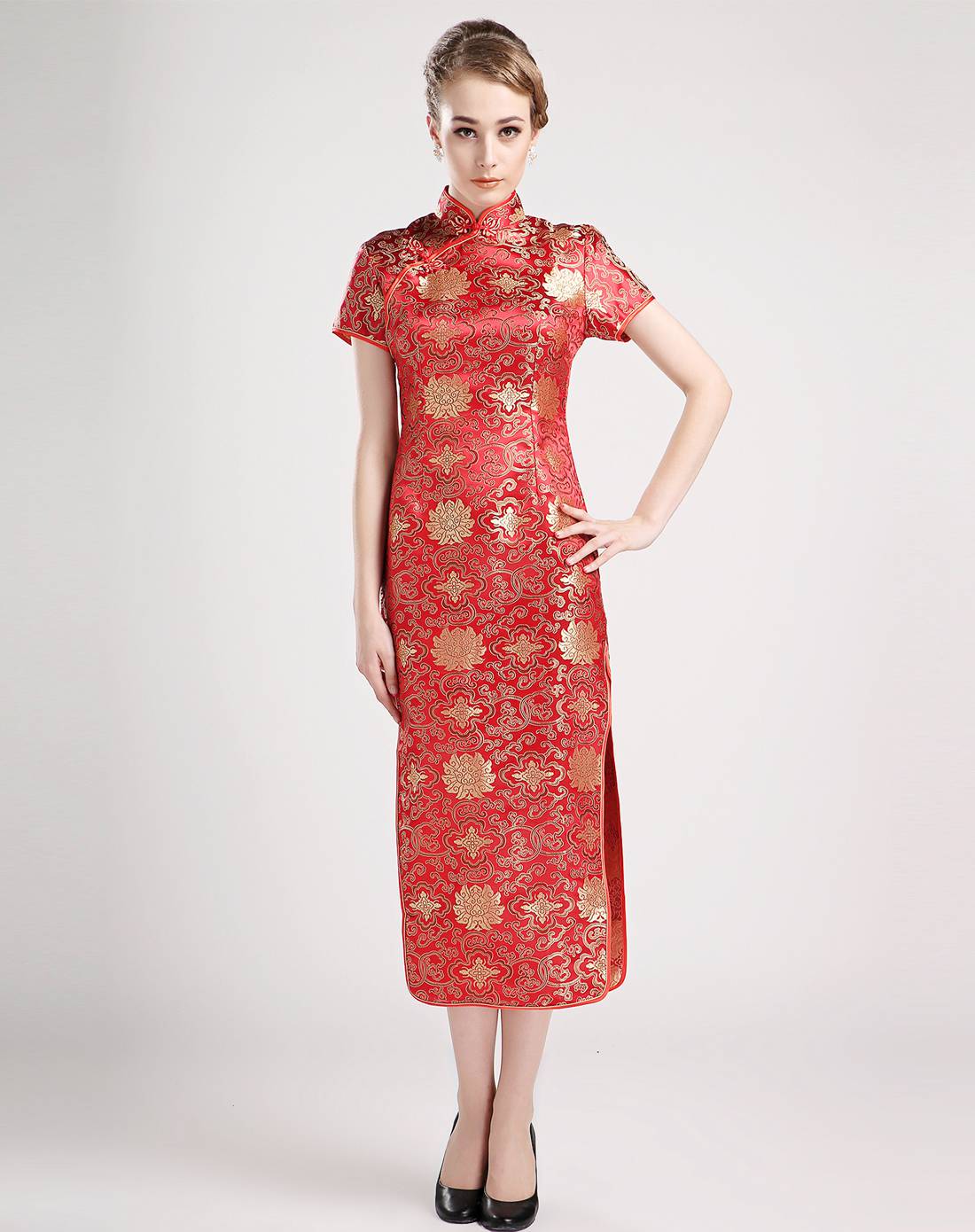 女款大红色祥云印花短袖旗袍