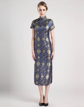 女款藏青色祥云短袖旗袍