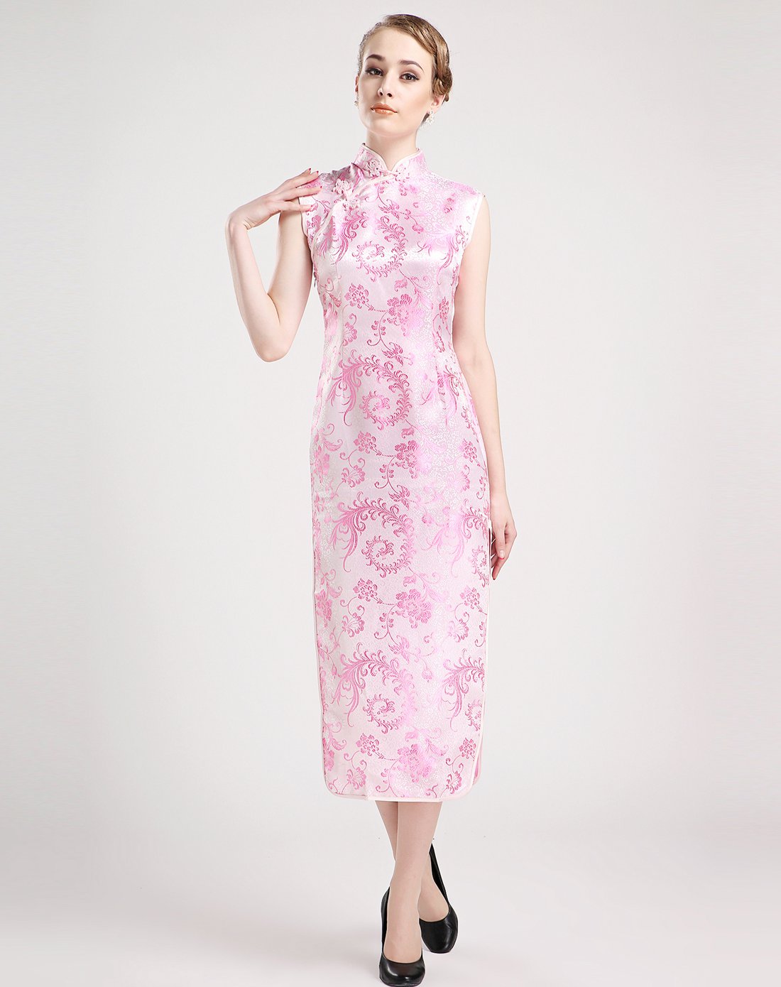 女款粉色梅花凤尾无袖旗袍