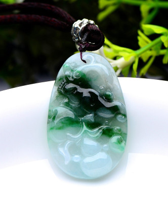 a货翡翠白底青福禄寿喜吊坠