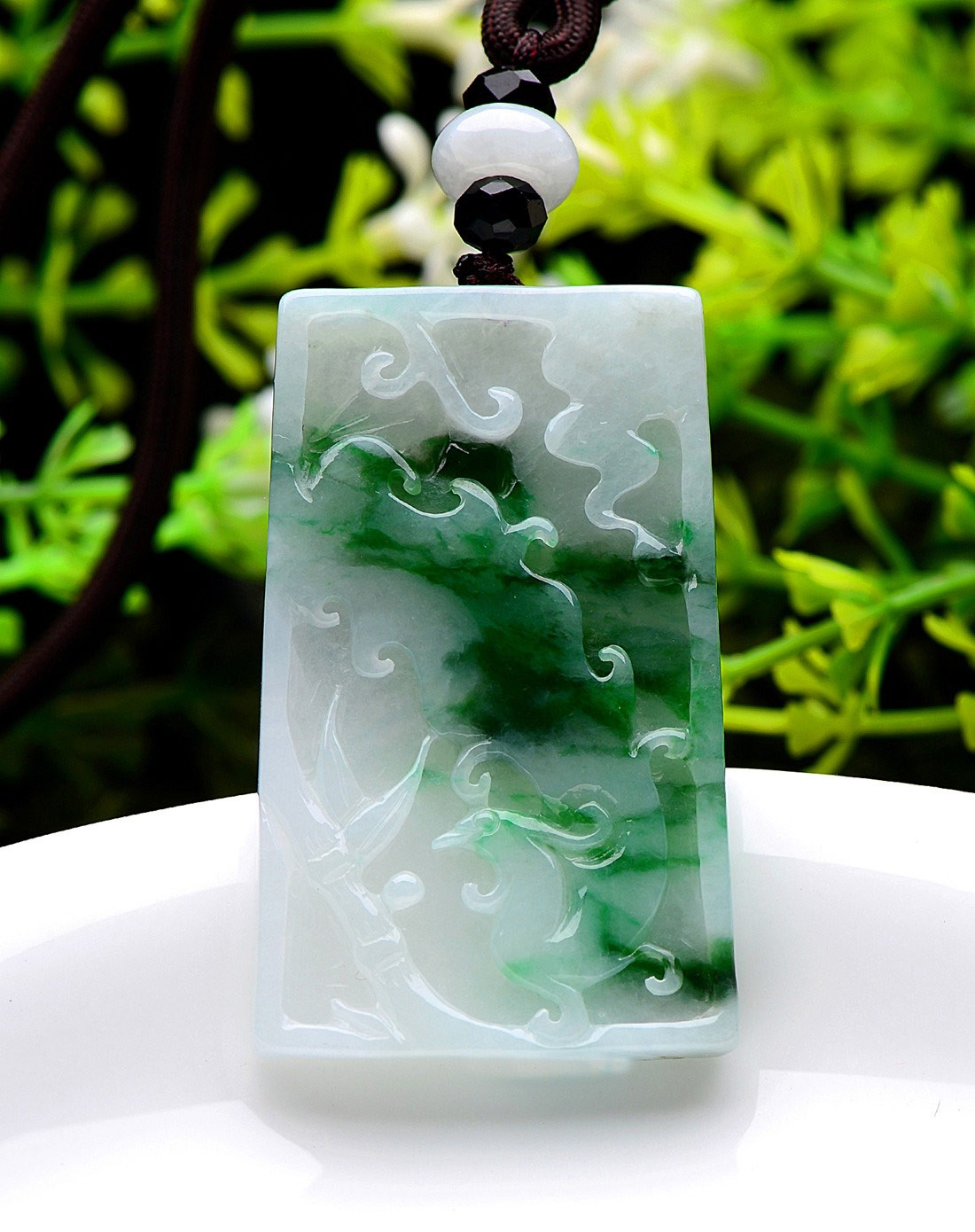 a货翡翠白底青百鸟朝凤吊坠