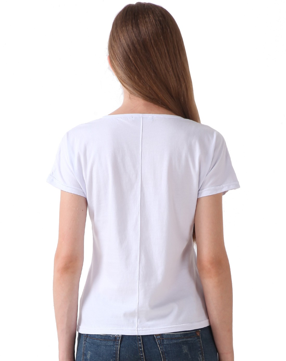 纯棉 女款白色后中拼接t恤 短袖印花
