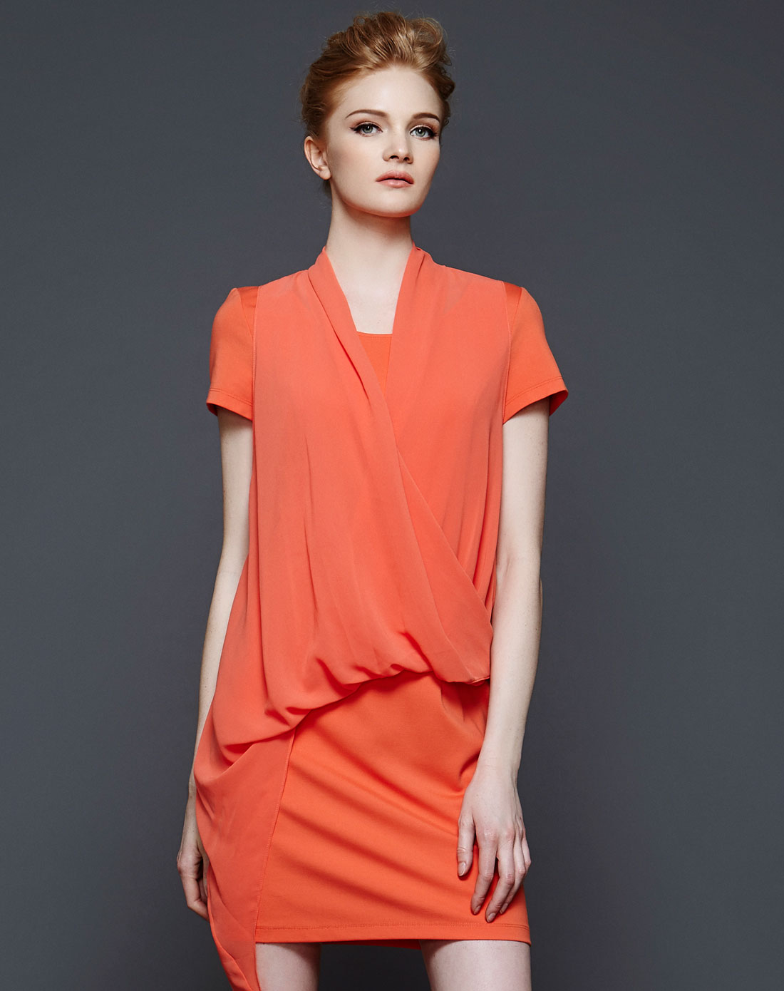 橙红色甜美两件套短袖连衣裙