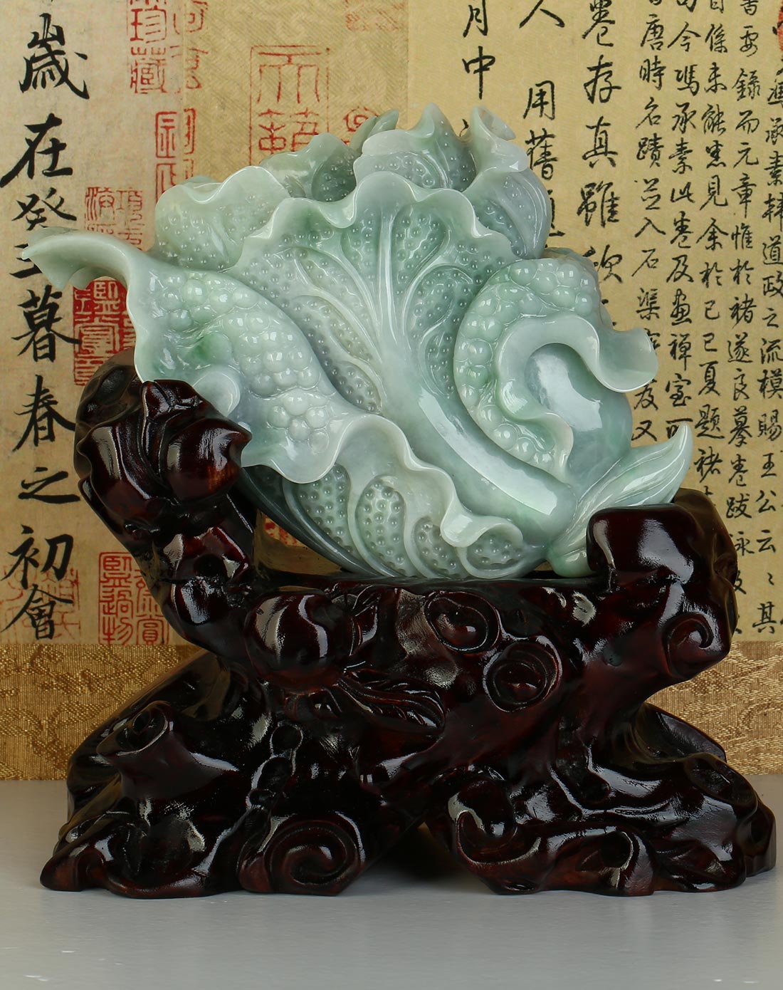 百财聚来翡翠白菜摆件 淡绿玉雕件家具摆设品(附国检证书)