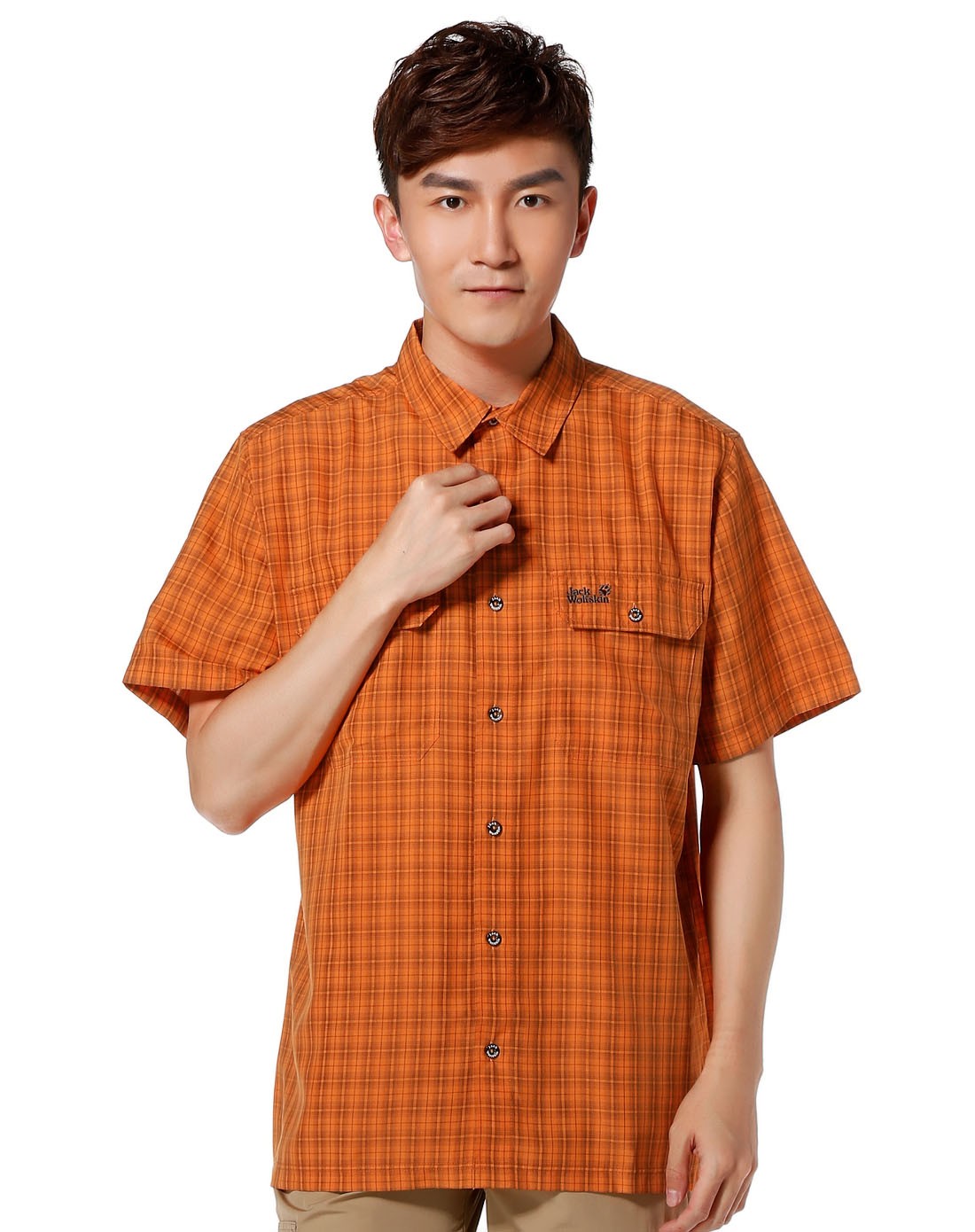 户外清爽男款深橘色短袖衬衫格子纹