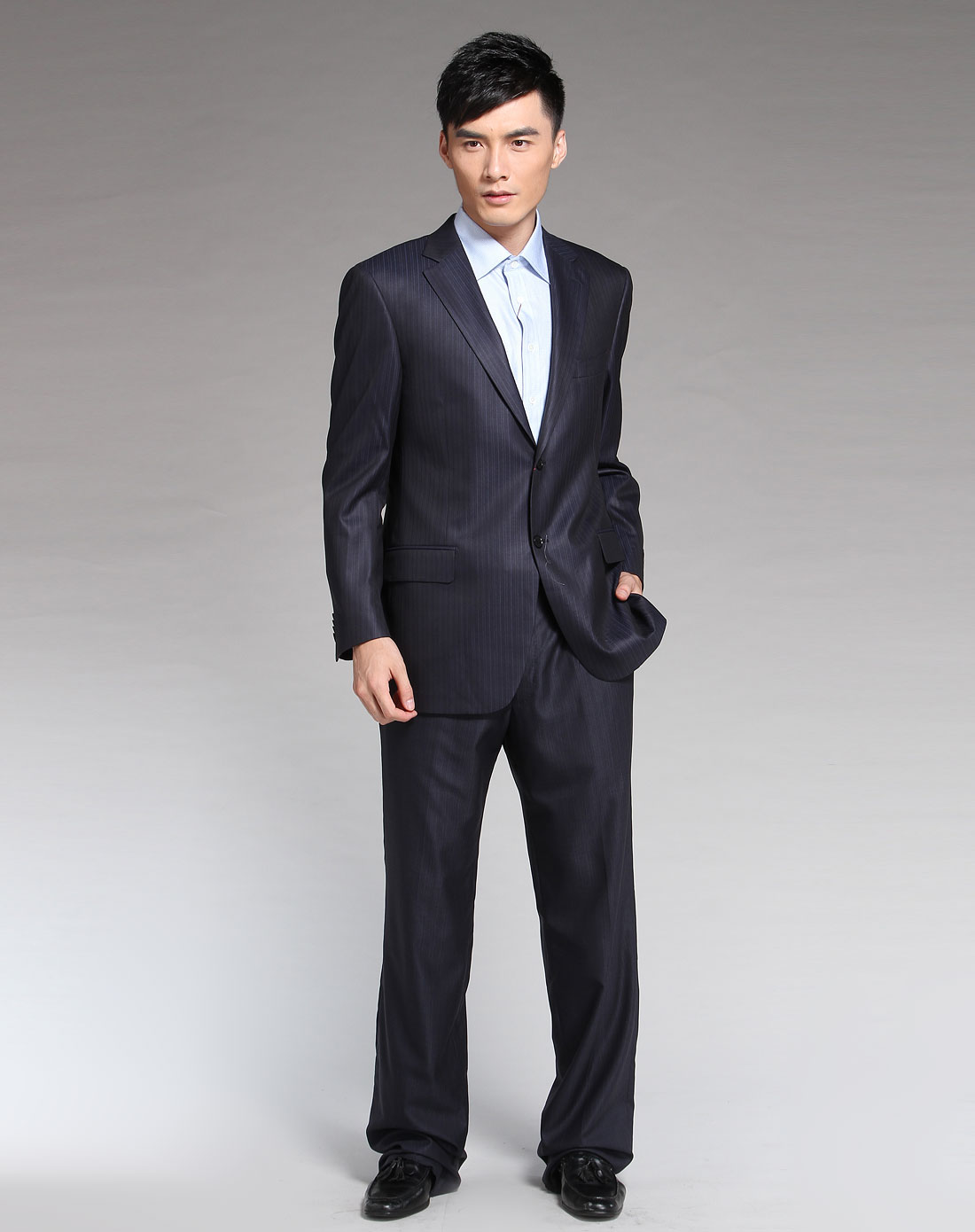 男款灰蓝色条纹长袖西装外套