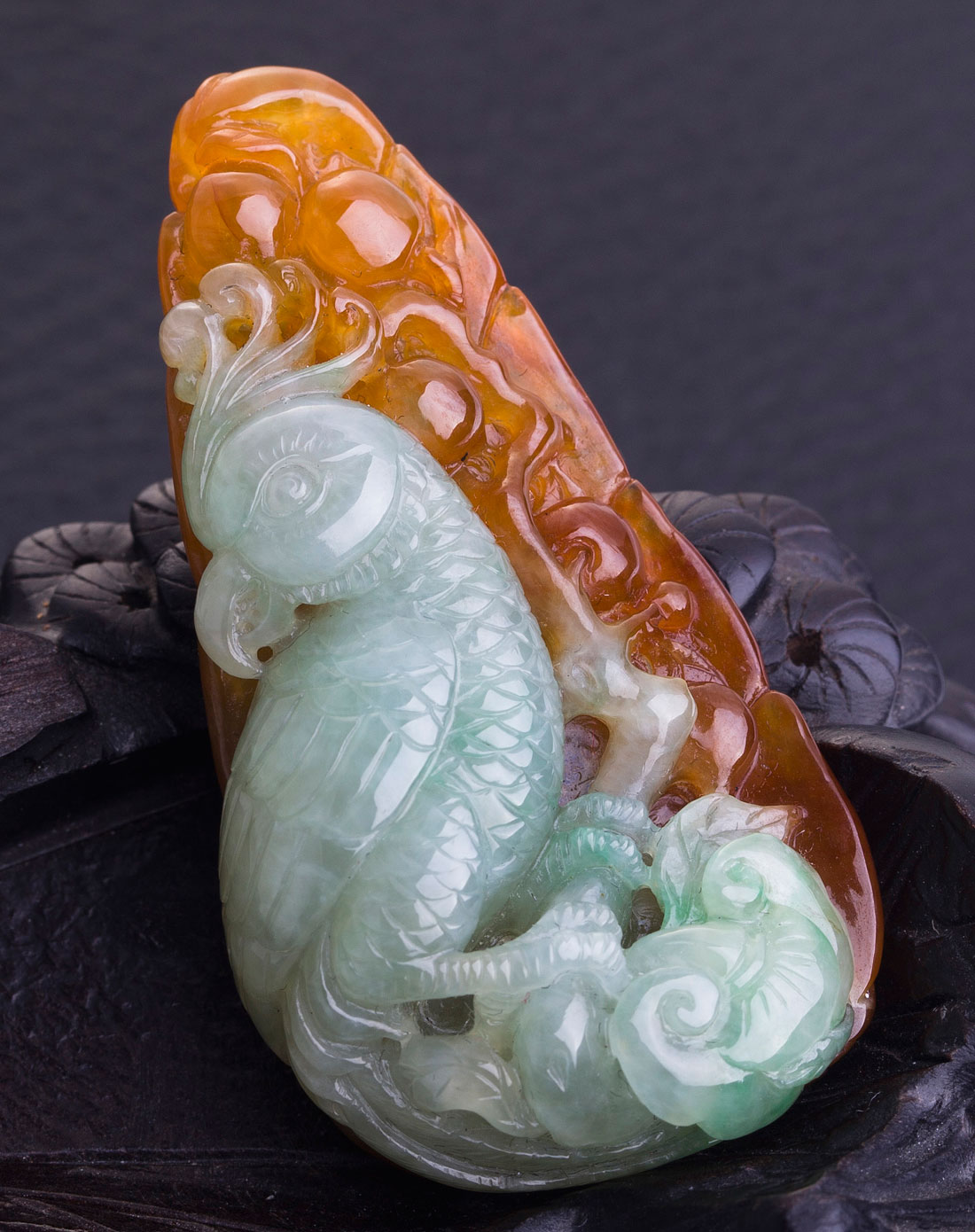 天然a货冰种黄翡带绿翡翠鹦鹉附国检证书赠精编绳