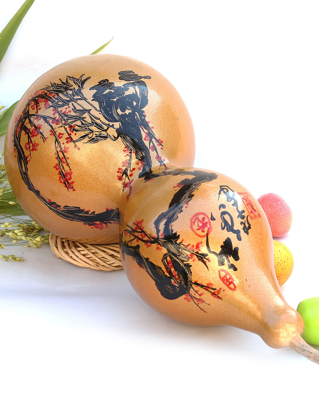 天然葫芦中国画摆件梅花带底座