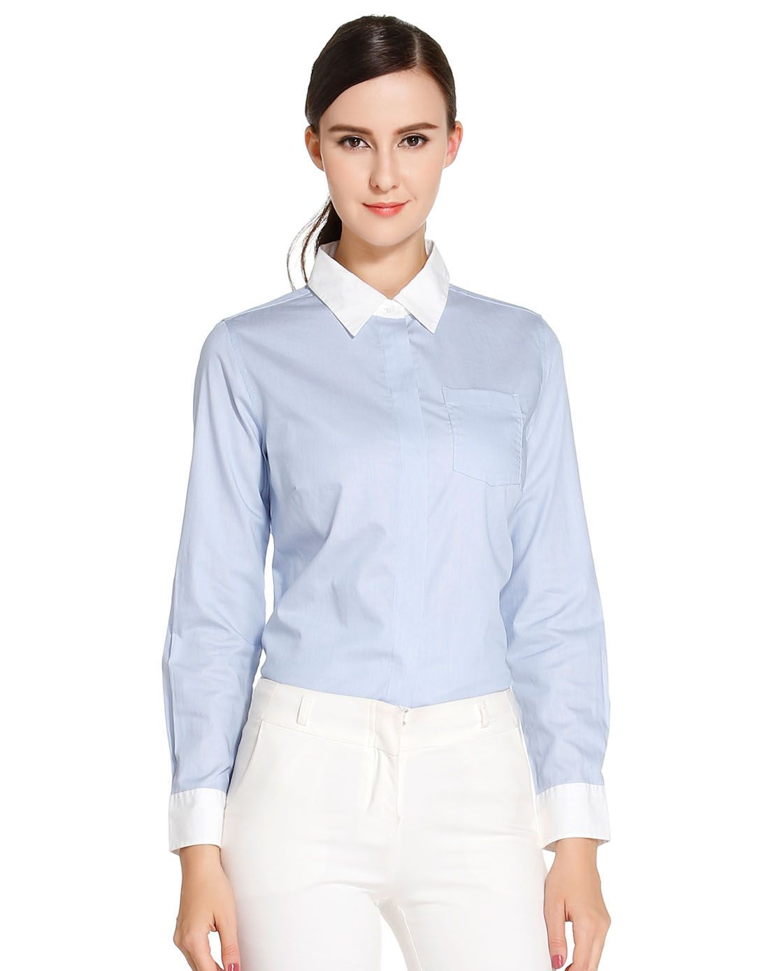 浅蓝色拼接袖口长袖衬衫