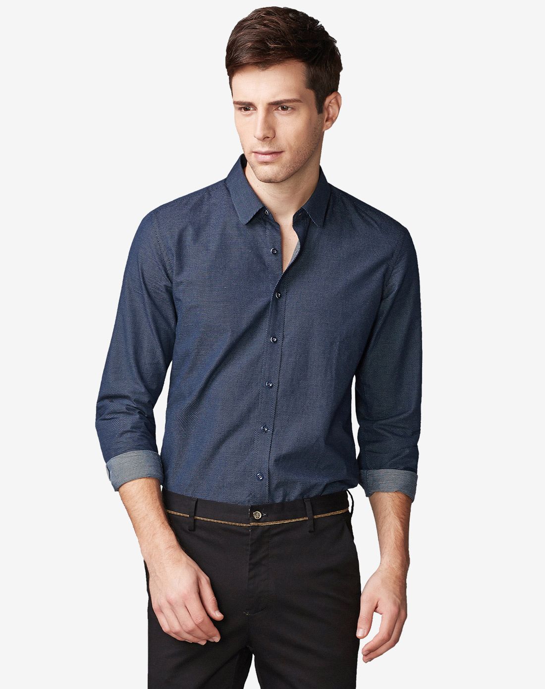 男深蓝舒适透气商务圆角领长袖衬衫