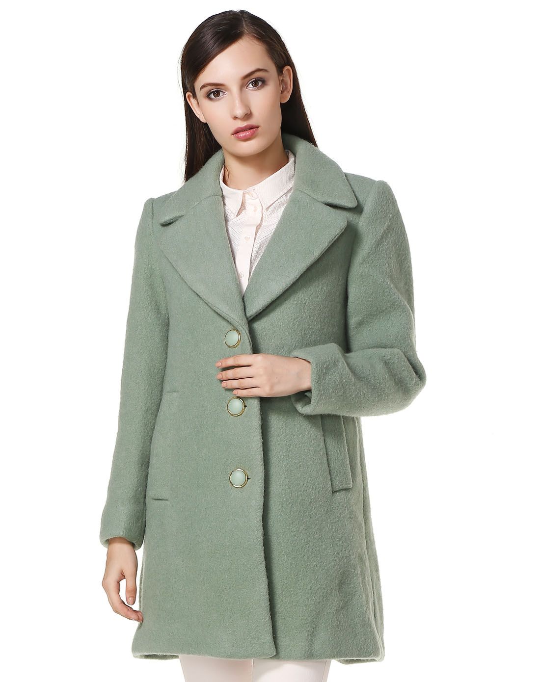 灰绿色大翻领都市长袖大衣