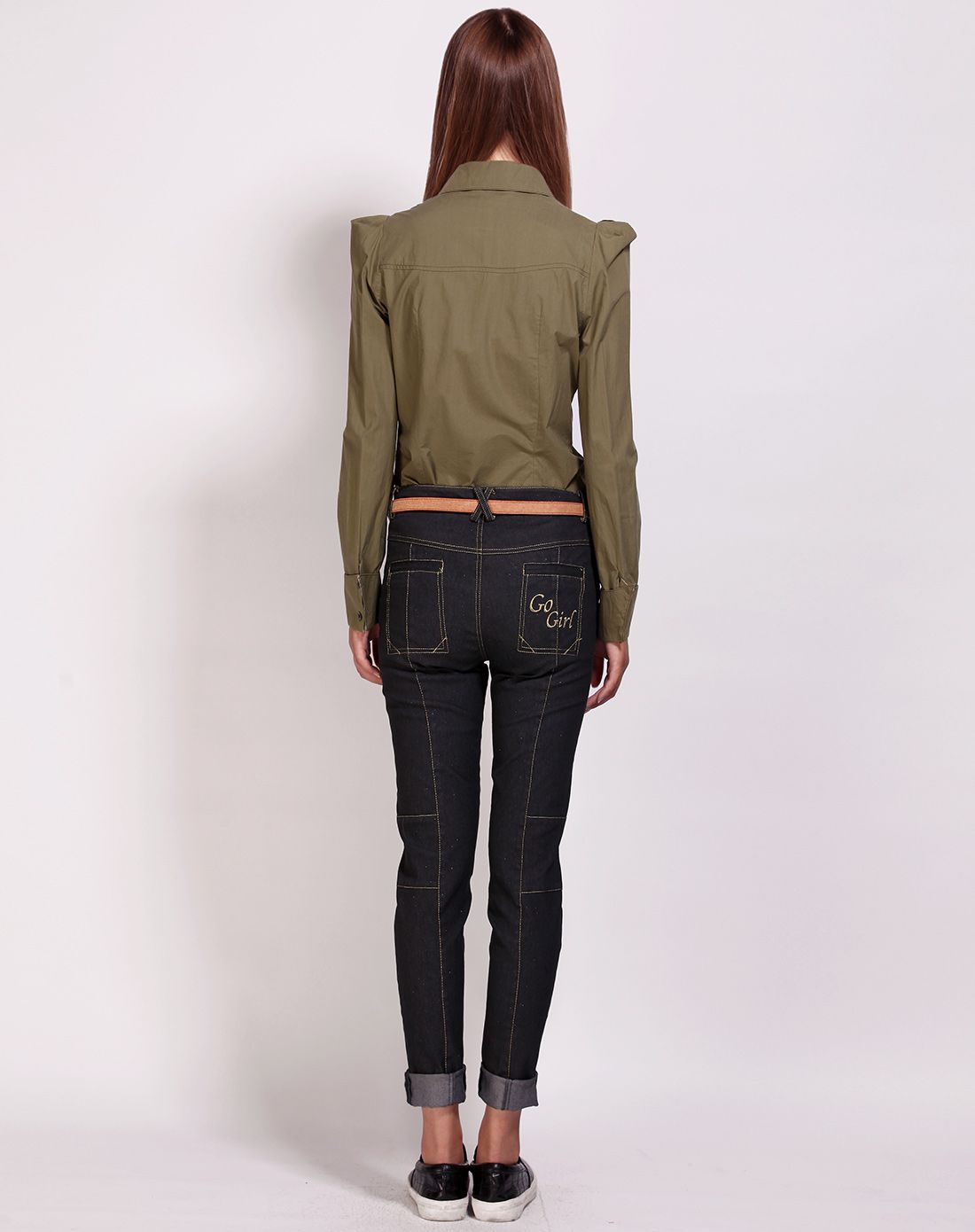 绿咖色韩版纯色修身泡泡袖长袖衬衣