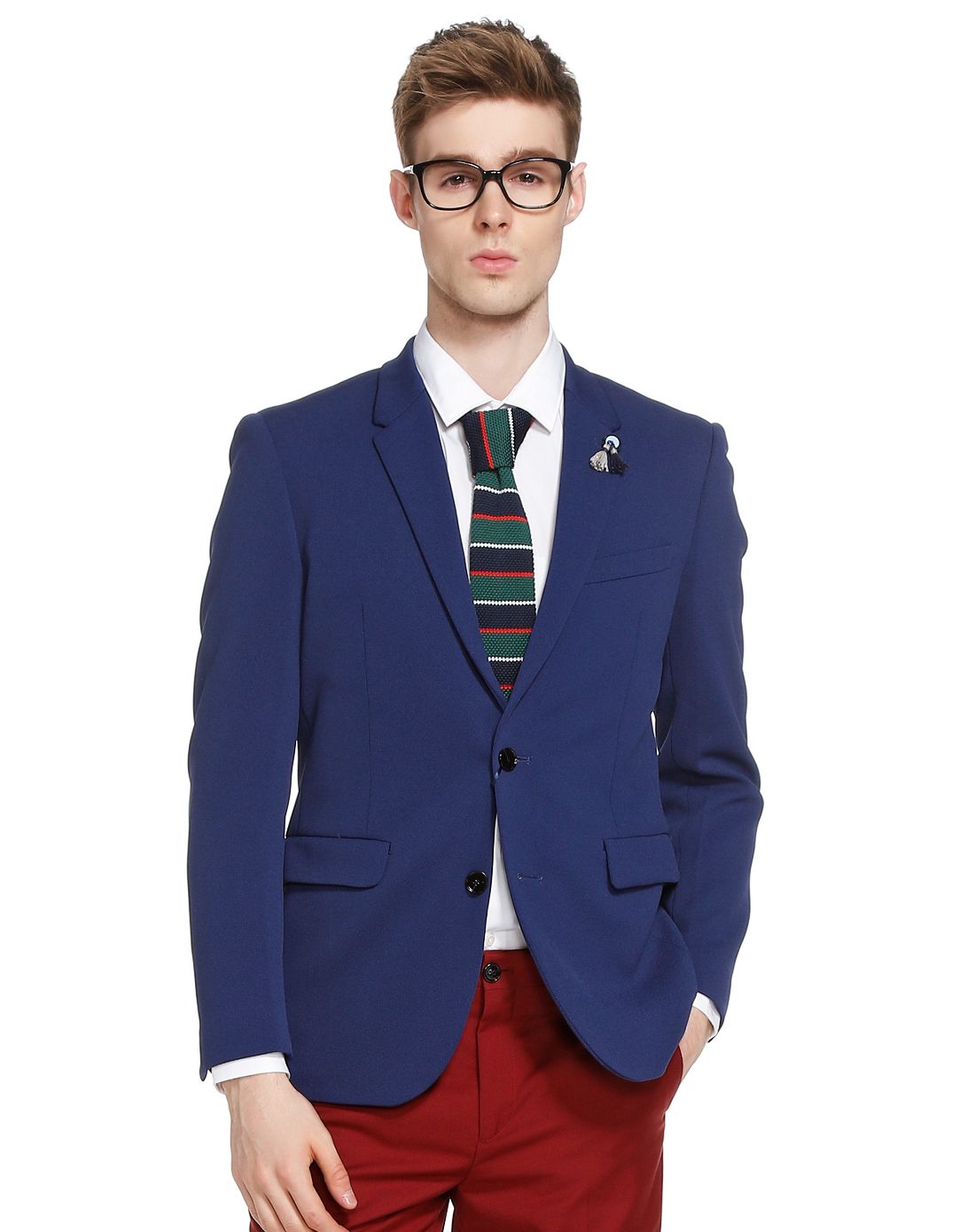 湖蓝色帅气商务翻领长袖休闲西服