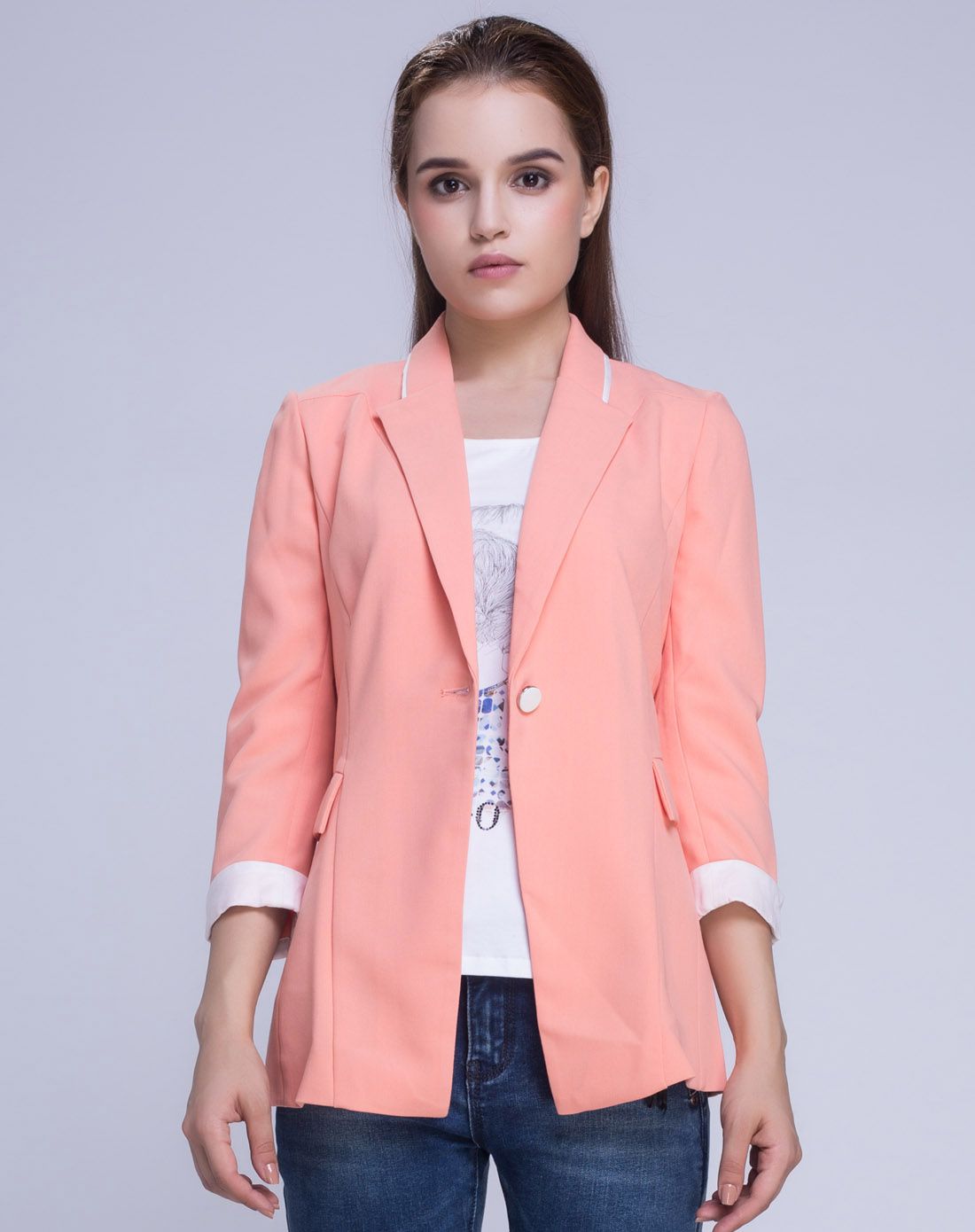 橘粉色开线收腰ol上衣