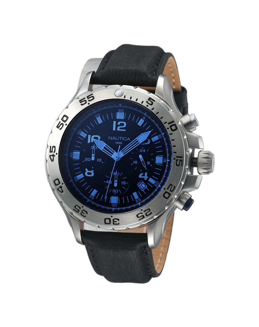 诺帝卡nautica男款黑色小牛皮表带蓝盘三眼计时手表nai19536g