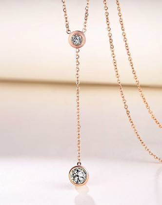 钛钢玫瑰金双钻百搭项链