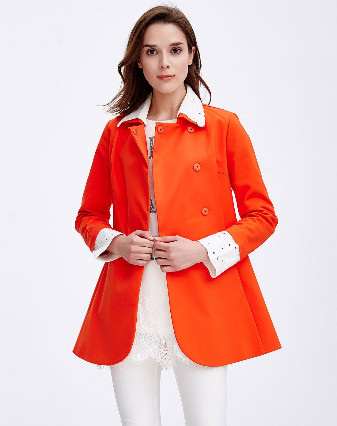 桔色欧美版撞色长袖风衣