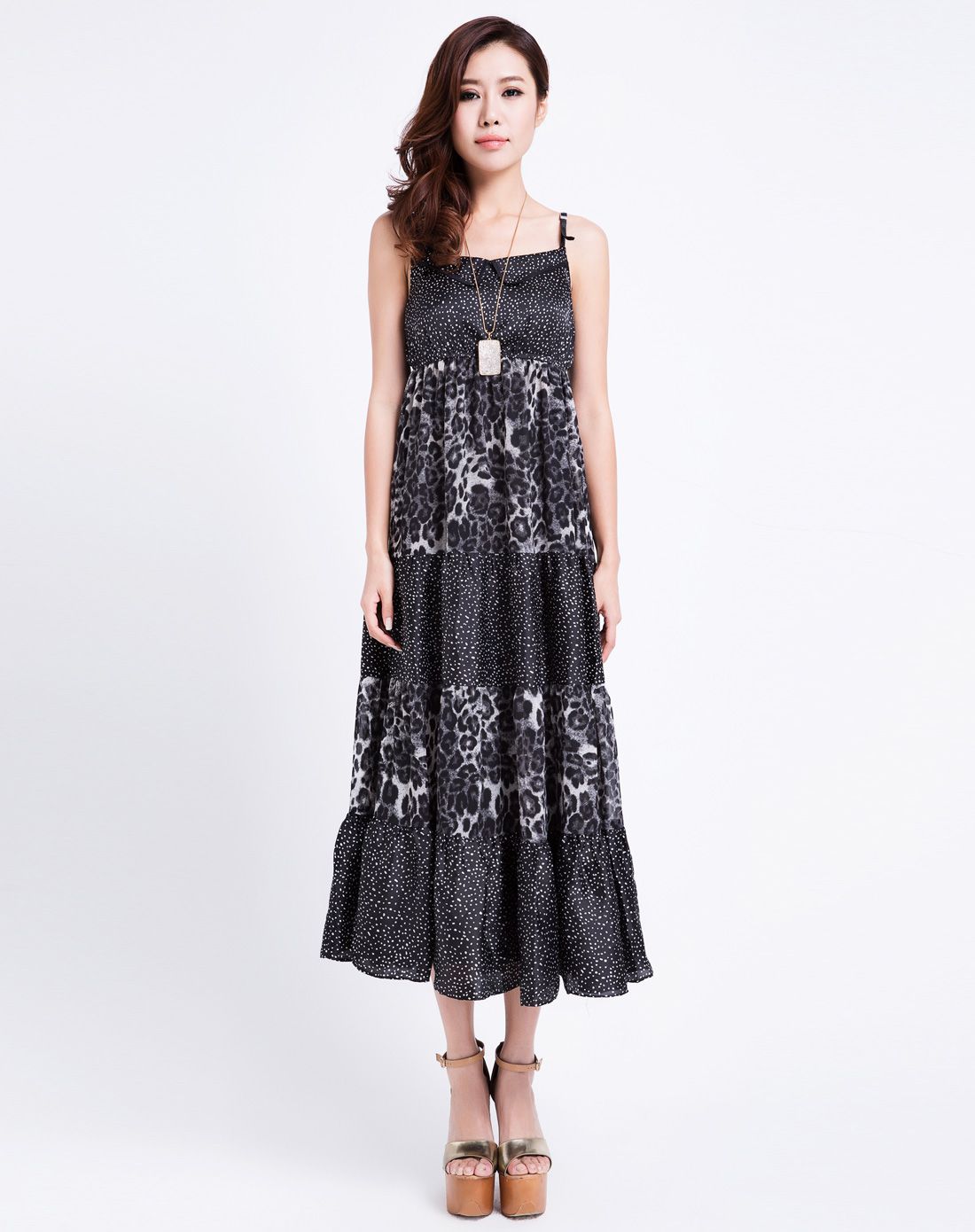 豹纹波点拼接长裙大裙摆时尚吊带裙连衣裙