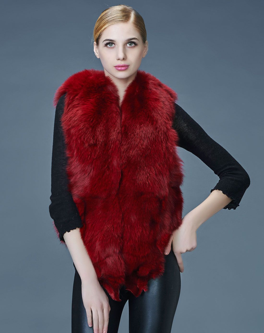 女款酒红色整狐狸毛马甲皮草外套