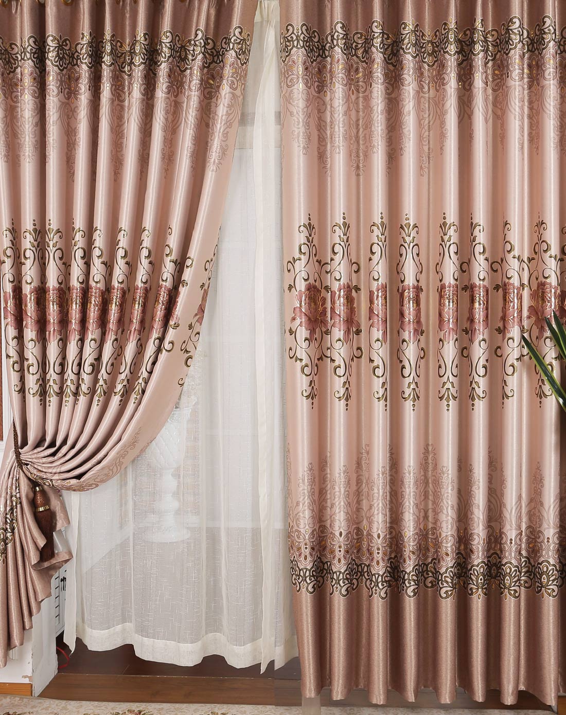 邂逅蔷薇印花烫金遮光窗帘咖色326m2片挂钩共6米